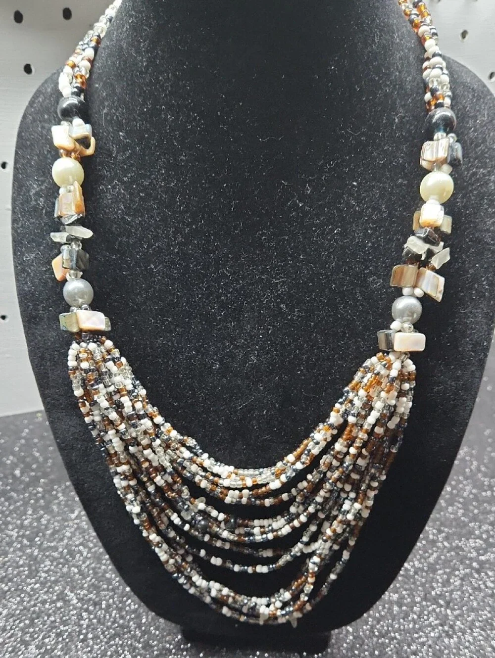 Multi-Strand Beaded Necklace in Black, White & Brown